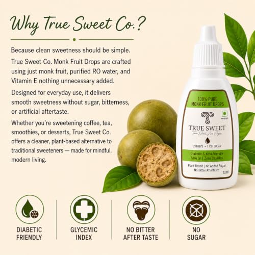 Image of True Sweet Co. Monk Fruit Sweetener Drops for Diabetics and Keto | 100 Servings | 200 Drops | No Erythritol | Sugar Replacer | Zero Sugar Liquid Sweetener | 10ml