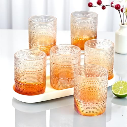 Image of Kookee Jupiter Vintage Hobnail Bubble Glass Old Fashioned Whiskey Tumbler | Textured Beaded Cocktail Drinking Glasses Set of 6 | 300ml (11763)