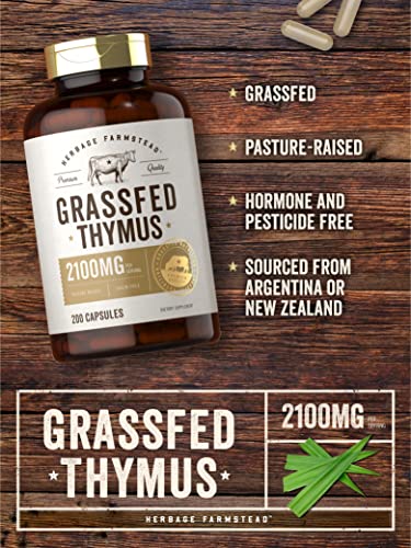 Grass Fed Beef Thymus Supplement | 2100Mg | 200 Capsules | Pasture Raised, Non-Gmo, Gluten Free | By Herbage Farmstead #TOP2