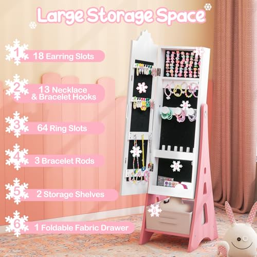 Costzon Kids Vanity & Jewelry Armoire Cabinet, Kids Vanity Table and Chair Set, Standing Jewelry Organizer with Full-Length Mirror, Kids Bedroom Furniture Set for Girls, Snowflake Print (White)