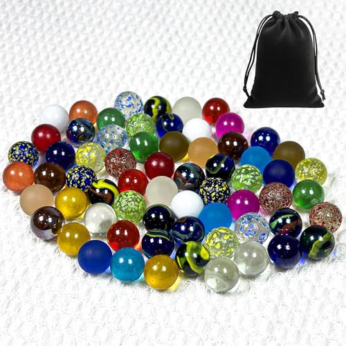 Lot de 70 billes en verre (16 mm x 60 – Petites billes colorées avec motifs + 16 mm x 10 transparents sans motif), sac de rangement pour boules en verre,...