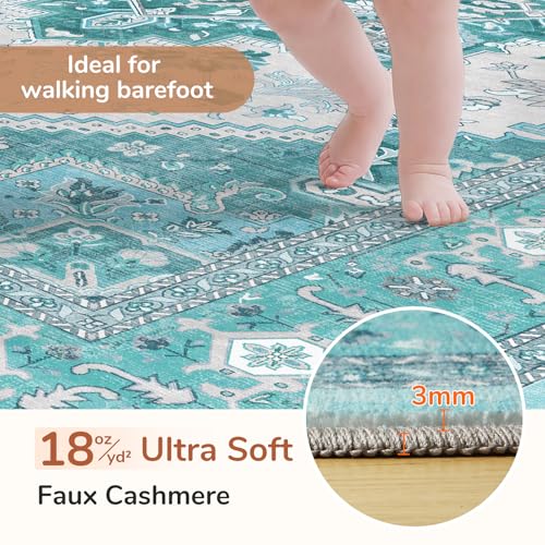 OPPODREAM Soft 10x14 Area Rugs, Washable Rugs 10x14 with Non Slip Backing, Low-Pile Faux Cashmere 10 x 14 Carpet, Teal & Turquoise & Cream