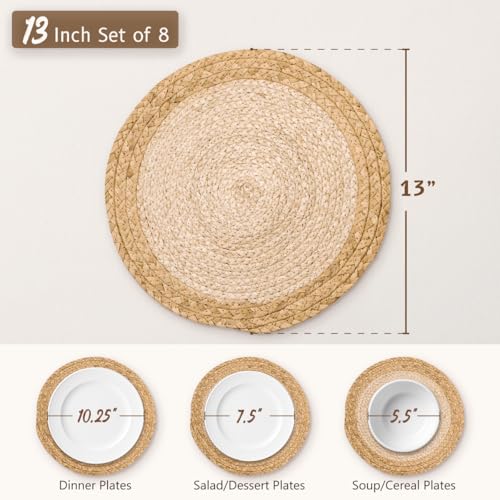Image of 13 in Woven Placemats Plate Chargers Set of 8, Boho Farmhouse Rustic Round Place Mats for Dinner Plates, Rattan Wicker Table Mats Chargers for Dining Table Decor