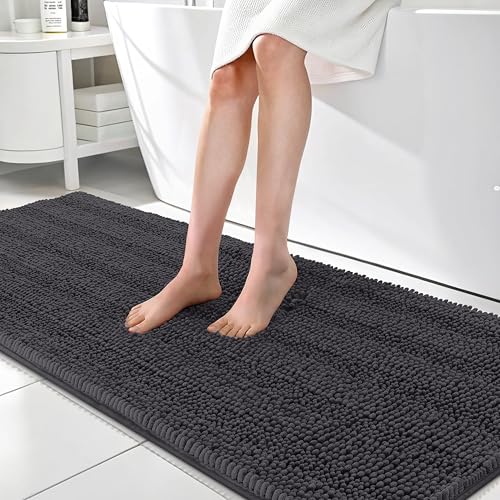 Image of OLANLY Thick Bathroom Runner Rugs 70x24, Absorbent Chenille Striped Bath Rugs, Rubber Backing, Machine Wash, Extra Long Bath Mats for Bathroom Floor, Tub and Shower, Home Decor Accessories, Dark Grey