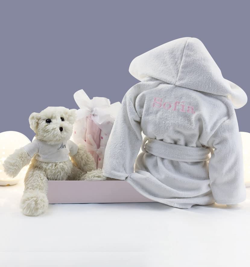 Bebé de París Kit de Regalo para bebé con Albornoz Personalizado con nombre Bordado en Rosa + Muselinas a juego + Osito de Peluche. Precioso Recuerdo como Regalo de Nacimiento.