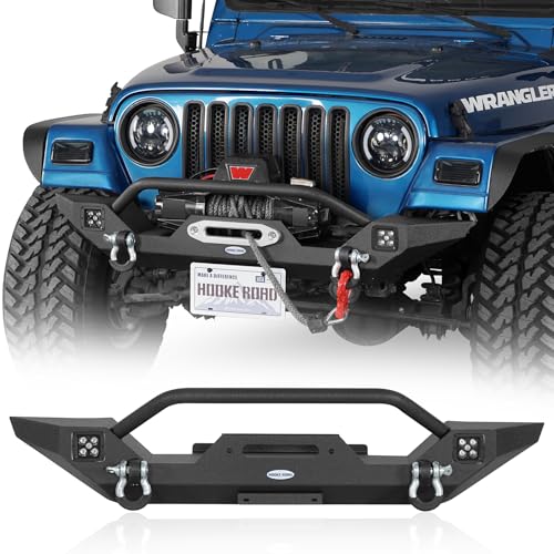 Hooke Road Offroad Mid Width Front Bumper with Winch Plate & 2 x 25W LED Lights for 1987-2006 Jeep Wrangler YJ TJ Models
