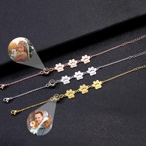 Pekdi Personalisiertes Armband mit Pfotenabdruck, Armband mit Bild Hund Katzen Pfoten Fotoanhänger gravierter Name 925er Sterlingsilber Schmuck zum Gedenken an Haustiere Geschenk zum Muttertag