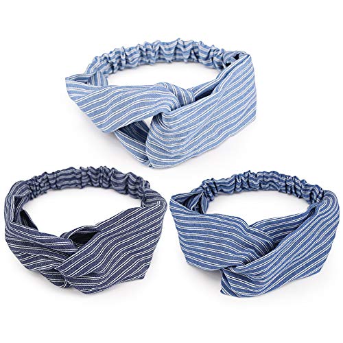 3Pcs Headbands Denim Fabric Stripe Pattern Printed Head Wrap Stretchy Hair Band for Women Girls Cross Head Wrap Hair Band