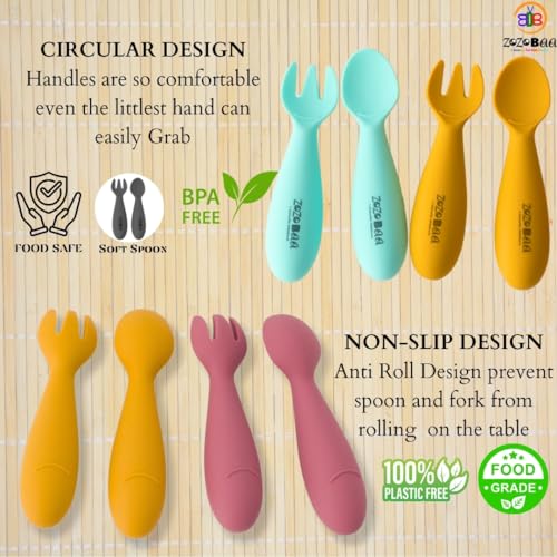 Image of Baby Weaning Spoon & Fork Set, Chewable Silicone Utensils for Training Infants, Baby Led Self Feeding, 6 M+| Gum Friendly, BPA Free, Dishwasher Safe, Unbreakable, 1 Pair, Mint Green
