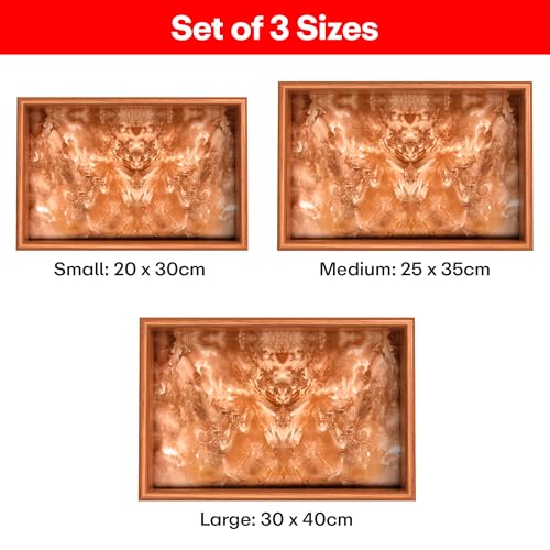 Image of Rioware Wooden Trays Enamel Coated Rectangular Trays Set of 3 Serving Trays Wooden Tray Kitchen & Dining Decorative Resin Tray Cream- Midnight Ember (Terramarble New)