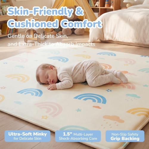 Image of 1.5 inch Thick Play Mat, 50 x 50 Memory Foam Floor Mat, Rainbow Macaron
