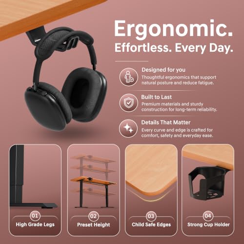 Image of V ONE Electric Standing Desk | Compact 1-Piece Top | 70Kg Weight Capacity | 3 Memory Preset | 5 Year Warranty | Built-in Cup & Headphone Holder | Home Office (Baverian Beach, 100 * 60 CM)
