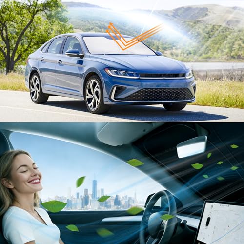 Image of Windshield Sun Shade for 2019 2020 2021-2026 VW Jetta for Volkswagen | Foldable, Full covered for windshield, Block UV Rays, Heat Reduction, Easy to install, Keeps Car Cooler