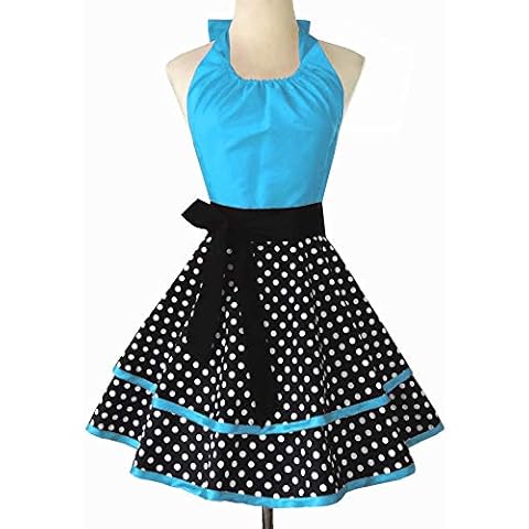 Floosum Lovely Polka Dot Cotton Retro Bake Apron for Women Girls Cooking Kitchen Apron for Mother's Gift, Blue Cover