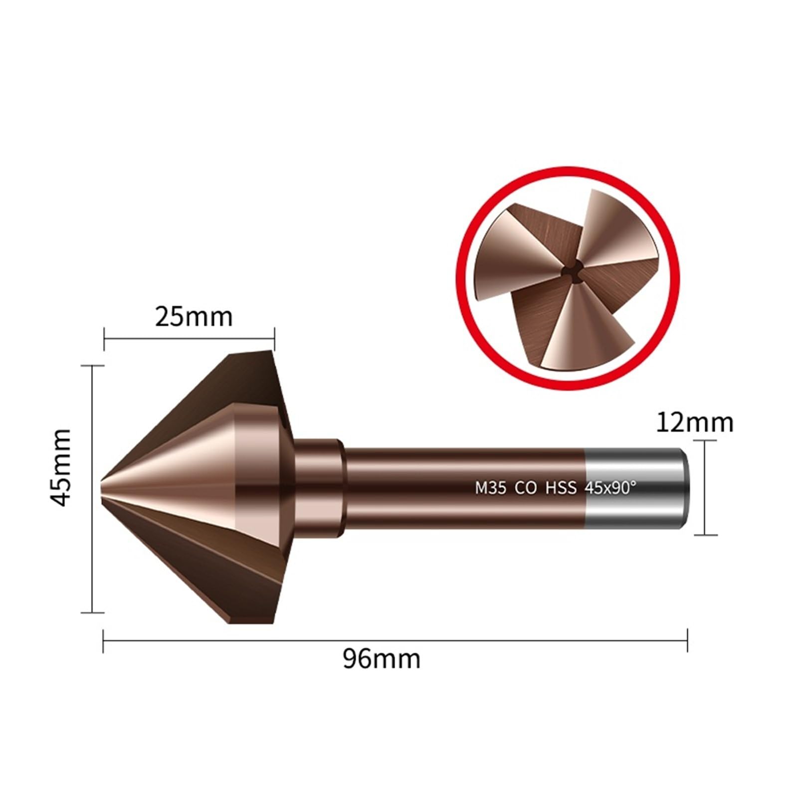 Wiertło stożkowe, średnica 4,5-60 mm, frez do otworów prostych 90°, fazowanie, frezy 3-ostrzowe, zestaw 2 szt(45mm)