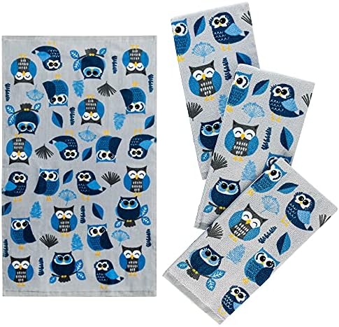 Franco Kitchen Designers Set of 4 Decorative Soft and Absorbent Cotton Dish Towels, 15 in x 25 in, Woodland Owls