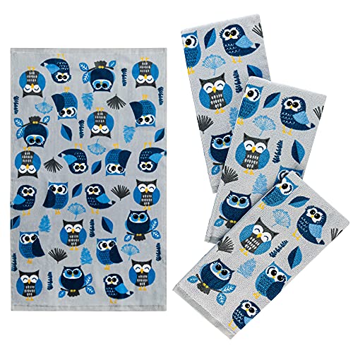 Franco Kitchen Designers Set Of 4 Decorative Soft And Absorbent Cotton Dish Towels, 15 In X 25 In, Woodland Owls #TOP2