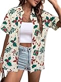 Christmas Shirt Women Hawaiian Button Down Shirts Vintage Christmas Graphic Short Sleeve Button Up Tops Apricot
