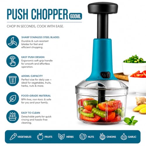 Image of Vegetable Chopper for Kitchen | Hand Chopper for Kitchen use Veg Cutter | Push Chopper 650ml Capacity | 3 Sharp Stainlee Steel Blades (Purple)