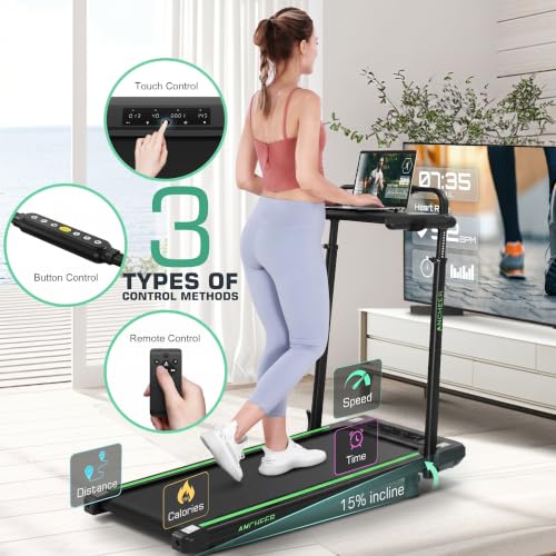 Image of Height-Adjustable Desk Treadmill with 15% Incline for Home Office Workout | 8 in 1 Folding Treadmill 450lbs Weight Capacity, 3.5HP Quiet Portable Treadmill with Desk, 3 Type Control, Ready to Use