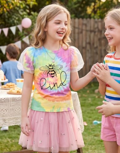 Image of Arshiner Girls Shirts Mesh Puff Short Sleeves Tops Cute Print Kids Tees