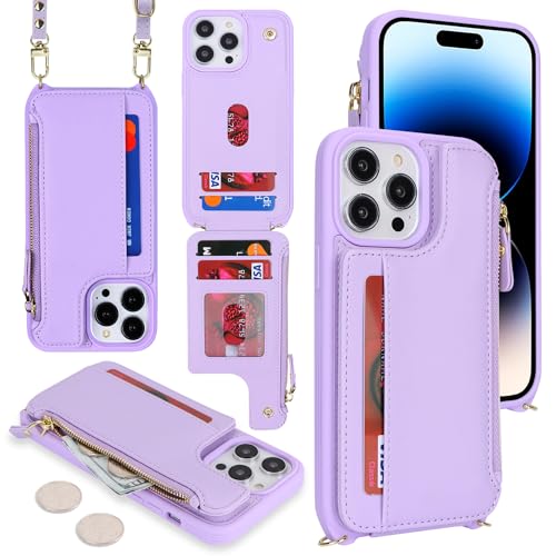 Image of Cavor for iPhone 14 Pro Wallet Case with Card Holder for Women,for iPhone 14 Pro Case with Strap,Crossbody Lanyard and Wristlet Zipper Pocket Phone Cover-Purple