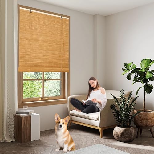 竹すだれ目隠し 竹製ローラーブラインド 125 x 125 cm 室内遮光遮熱目隠し風通簾すだれ巻上タイプお手入が簡単キッチン/バルコニ/庭用, カーキ色