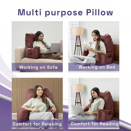 Image of Wakefit Backrest Reading Pillow for Bed | Reading Pillow with Support Arms | Comfortable Back Support for Reading /Working /Watching TV | Machine Washable Cover | Choco Brown
