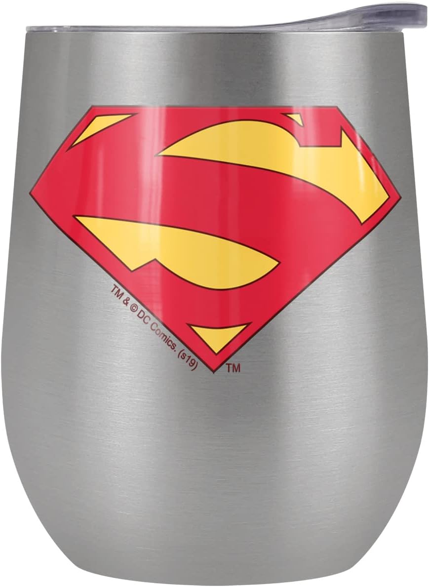 Superman OFFICIAL Superman New 52 Shield Logo Pattern 12 OZ Stemless Wine Tumbler, Stainless Steel Travel Cup|Lake Tumbler|Insulated with Leak Resistant Slide-Lock Lid, Stainless Steel