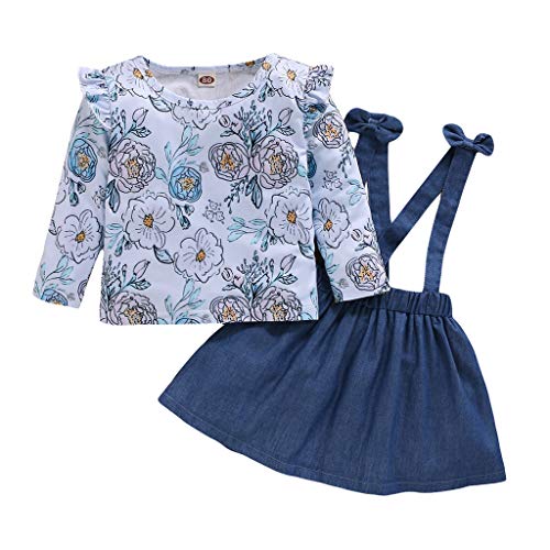 Toddler Girls Outfits 3pcs Baby Romper Clothes Floral Jumpsuit+Strap Skirt Infant Kids T Shirt Tops Suspender Set Blue