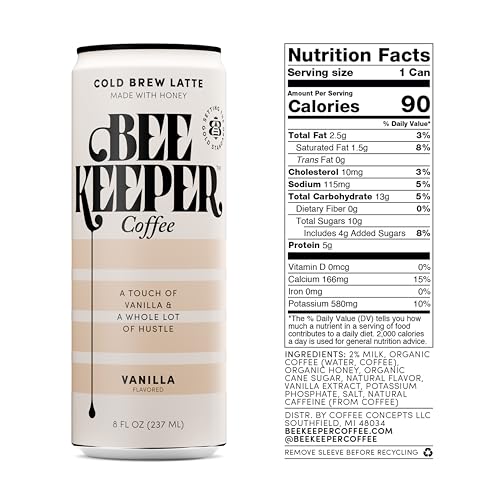 Image of Beekeeper Vanilla Latte Cold Brew Coffee Drinks with Oregon Honey | 12 Pack Refreshing Iced Coffee - Unsweetened & Strong Arabica Brew, 8 fl oz Ready-to-Drink Can - 180mg Natural Caffeine