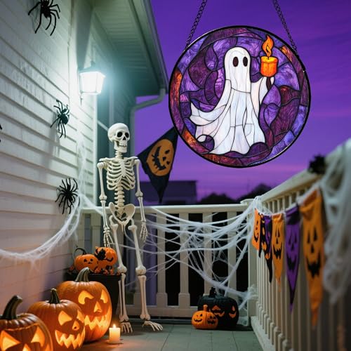 Image of Stained Glass Window Hanging - Halloween Decorations Ghost Suncatcher for Doors Garden Indoor Spooky Funny Purple Sun Catchers Gothic Decor Horror Gifts for Women Men Friend 9.8 in