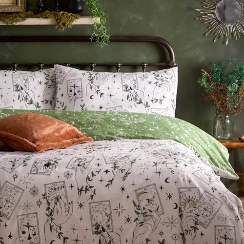 furn. Celestial Stories Duvet Cover Set - Reversible Mystical Hand-Painted Botanical Tarrot Card Design (Green - Single) - Image 2