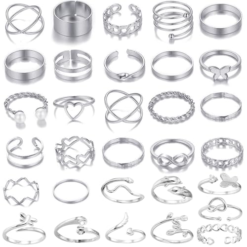 JSTHHTT 31 Piezas Anillos Mujer Anillo de Mujer Vintage Nudillos Anillos Set Anillos Góticos Para Mujer Boho Anillo Vintage Ajustable Anillo de Apilamiento Nudillo Anillo de Dedo Midi Apilable, Plata