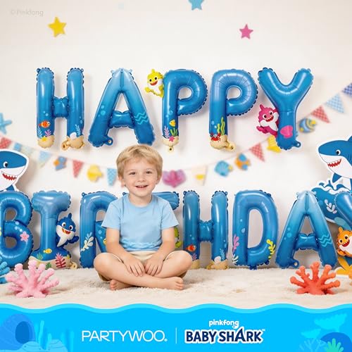 Image of PartyWoo Baby Shark Blue Happy Birthday Banner Letter Balloons 16 Inch Blue Mylar Foil Letter Balloons for Boys and Girls Baby Shark Under the Sea Ocean Theme Kids Birthday Party Decorations