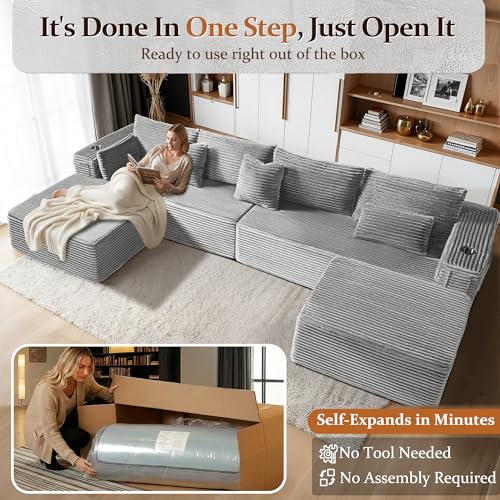 Image of 138 inch Oversized Cloud Sectional Couch, Comfort U Shaped Boneless Couch for Living Room, Extra Deep Seats No Assembly, Modular Sofa, Corduroy (Light Grey, 3 Seater+Left Facing Chaise+Ottoman)