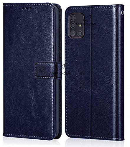 Image of Inside Rubber TPU with Card Pockets Magnetic Closure Protection Compatible with Samsung Galaxy A51 (Blue)