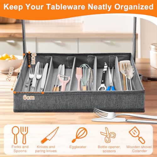 Cyiecw Cutlery Tray with Lid, Portable Cutlery Storage Cutlery Tray, Cutlery Box with 5 Adjustable Compartments, Cutlery Organiser for Knife, Fork and Spoon (42.5 x 29.5 x 8 cm) - Image 2