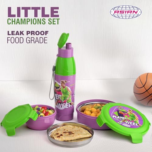 Image of Asian Plastowares Little Champions 3-in-1 Insulated Lunch Box Set for Kids | 700ml Steel Tiffin, 500ml Water Bottle | Leakproof, BPA Free | Green & Violet | Must-Have Back to School Set