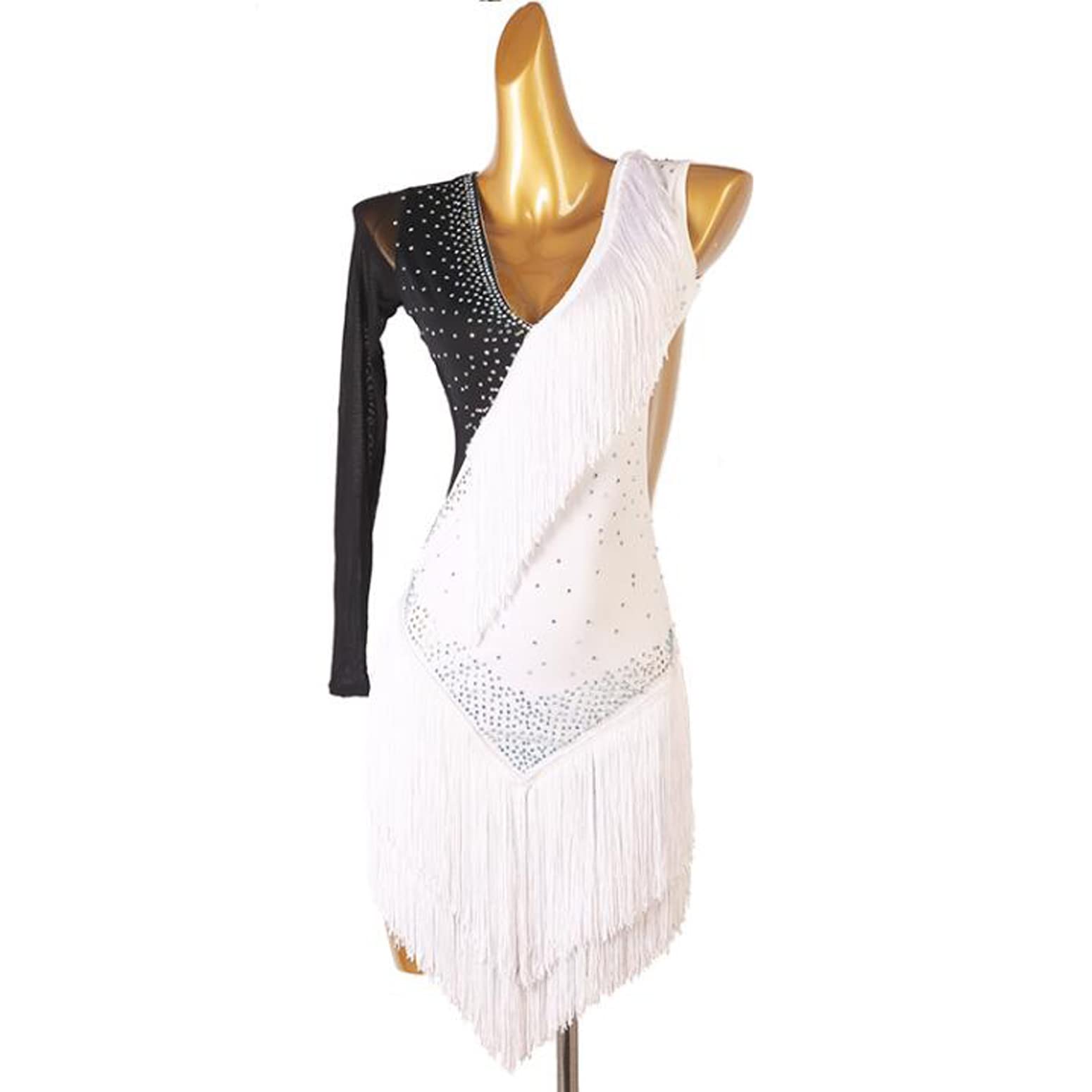 Damska sukienka treningowa z frędzlami do tańca latynoskiego, kostium do salsy cańca latynoskiego, kostium do salsy cha cha, strój do tańca towarzyskiego tango, spódnica slim fit, biała, XXL