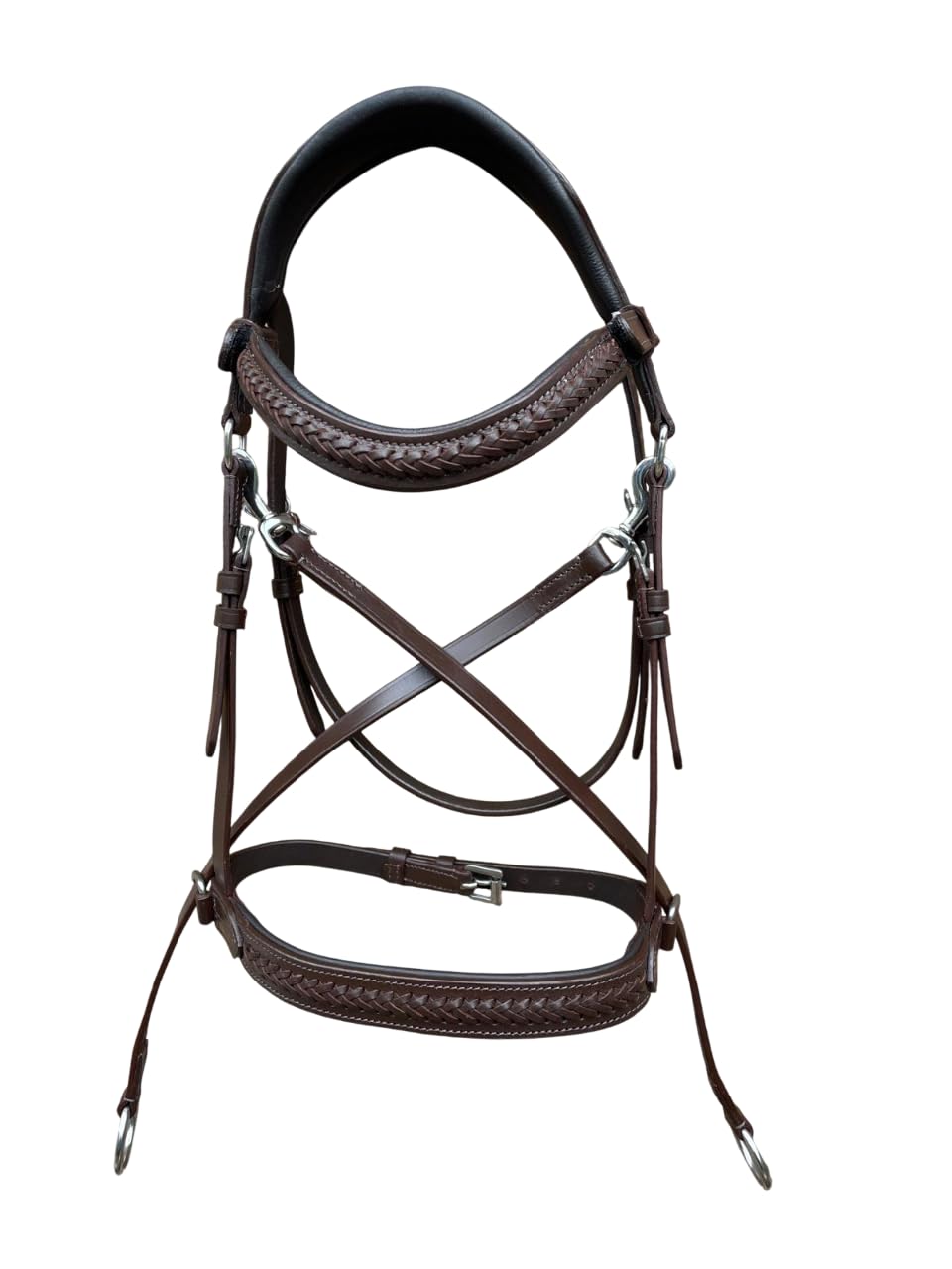 BENZ EQUESTRIAN Braided Leather Bitless Bridle for Horses Side Pull and Crossover fully Adjustable comfort Noseband and Quick Release Browband with Stainless Steel Buckles (Brown, Cob)