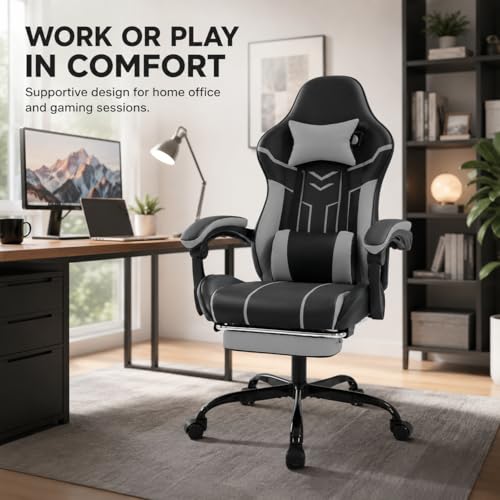 Image of Gaming Desk Chair for Adults, Ergonomic Gaming Chair with Footrest & Headrest and Lumbar Support, Leather Material Height Adjustable Computer Video Game Chairs (Black+Gray)