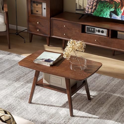 100% Solid Wood Coffee Table for Living Room, 31.5' Small Tables with Shelf Storage, Mid Century Modern Storage Coffee Table with Rounded Corners (Oak Wood Walnut Color)