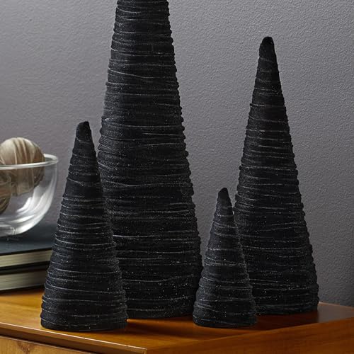 Image of Your Heart's Content Velvet Trees Set of 4 Black, Winter Mantel Accent, Navidad Tabletop Tree, Wedding Centerpiece, Cozy Handcrafted Gift, Bookcase, Classic Valentine (Black)