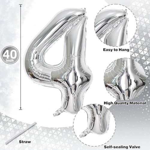 Image of 40 Balloons Silver, Giant Number 4 & 0 Helium Foil Balloon for Women 40th Birthday Decor, 40'' Self Inflating Mylar Number 40 Balloon for Man Anniversary Party Globos De Numeros Decorations Supplies