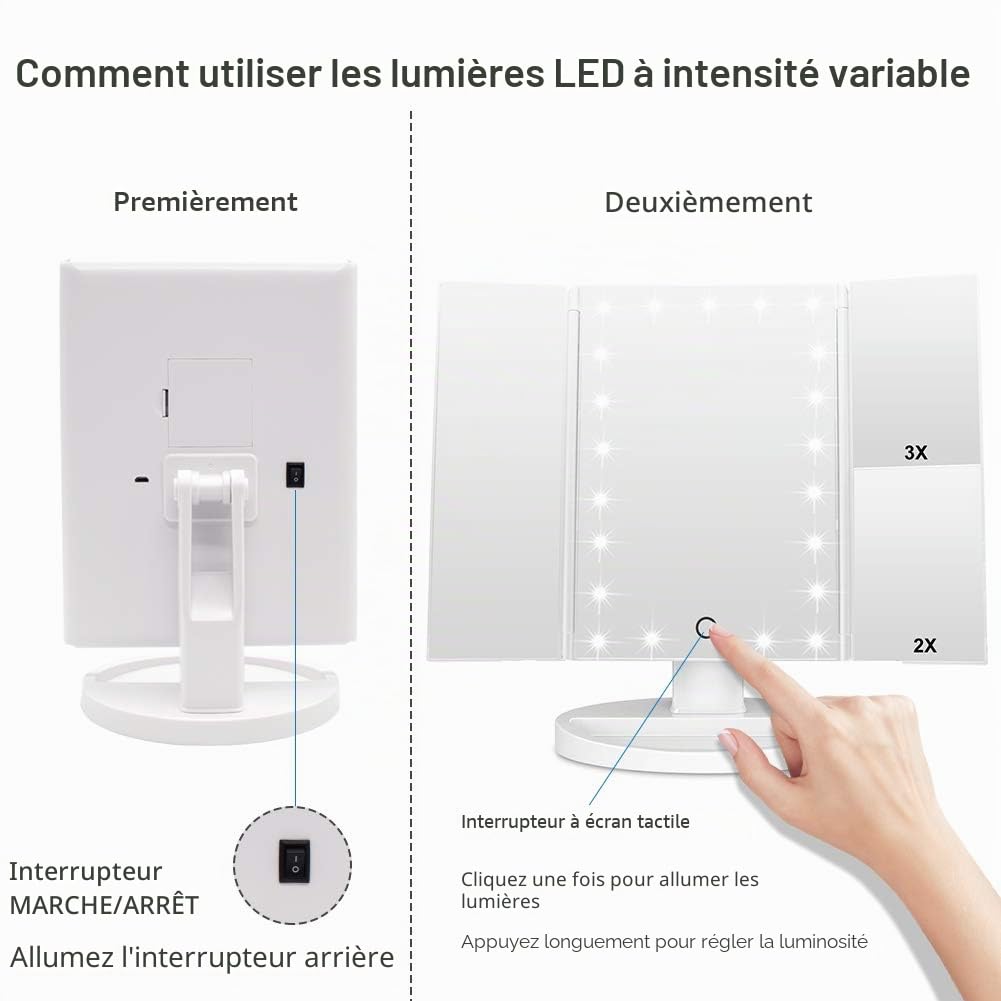 WEILY Miroir de Maquillage, 1x /2x/3x Miroir de Maquillage à Trois Volets avec 21 lumières LED et Miroir réglable à écran Tactile Miroirs de comptoir cosmétiques (Blanc)