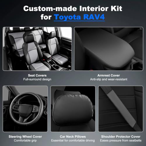 Image of AOMSAZTO Car Seat Covers for Toyota RAV4 2019-2025 Hybrid,Not for SE&XSE | Custom Fit 5-Piece Set Includes Neck Pillows,Armrest Cover,Steering Wheel Cover and Seat Belt Covers-Faux Leather Black&Gray