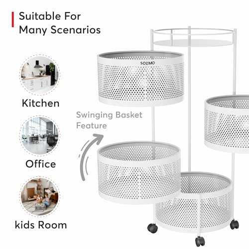 Image of Amazon Brand - Solimo 360 Revolving Preassembled Portable 4 Layer Round Multipurpose Storage Kitchen Rack Carbon Steel Fruit Vegetable & Spice Trolley with Wheels for Kitchen Organizer(Matte, White)