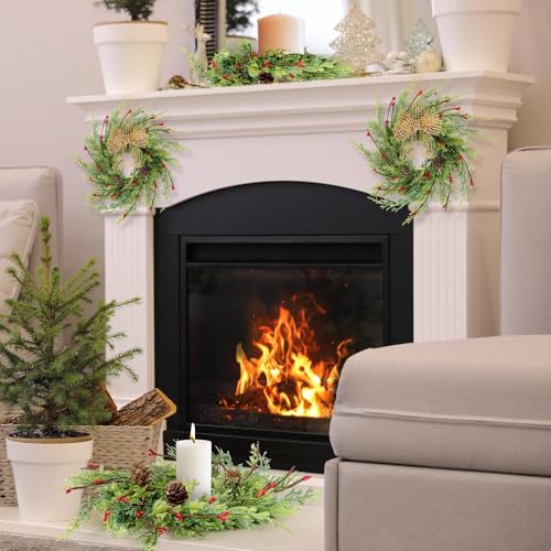 Image of 8 Pcs Artificial Christmas Candle Rings 9 Inch Cedar Pine Garland Wreaths with Red Berries Pinecones Wreaths Pine Needles Candle Ring Holder for Christmas Winter Decorations Table Centerpiece