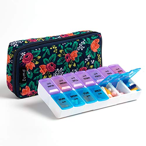 Image of Weekly Pill Organizer 2 Times a Day, Zumd Pill Box 7 Day with Cute Quilted Fabric Zipper Case, Travel Pill Case Am Pm for Vitamin Medicine Organizer